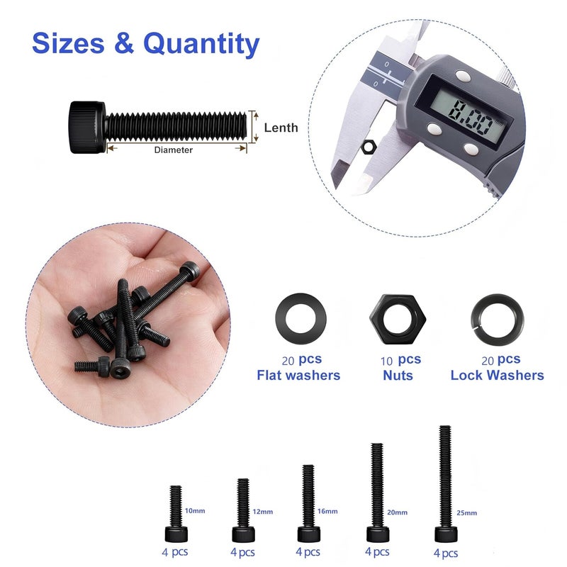 MklusiveTech 71Pcs M8 Screw Kit - 12.9 Grade Carbon Steel M8 Screws, Bolts, Nuts Assortment for DIY, 3D Printing, Automotive, Electronics (10-25mm, Black) (71Pcs Socket Head （10mm-25mm）) - Image 2
